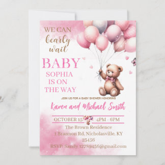 Pink Bear Hot Air Ballon Babydusche Set Invitati Einladung