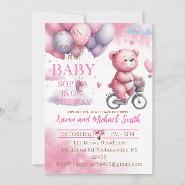 Pink Bear Hot Air Ballon Babydusche Set Invitati Einladung (Vorderseite)