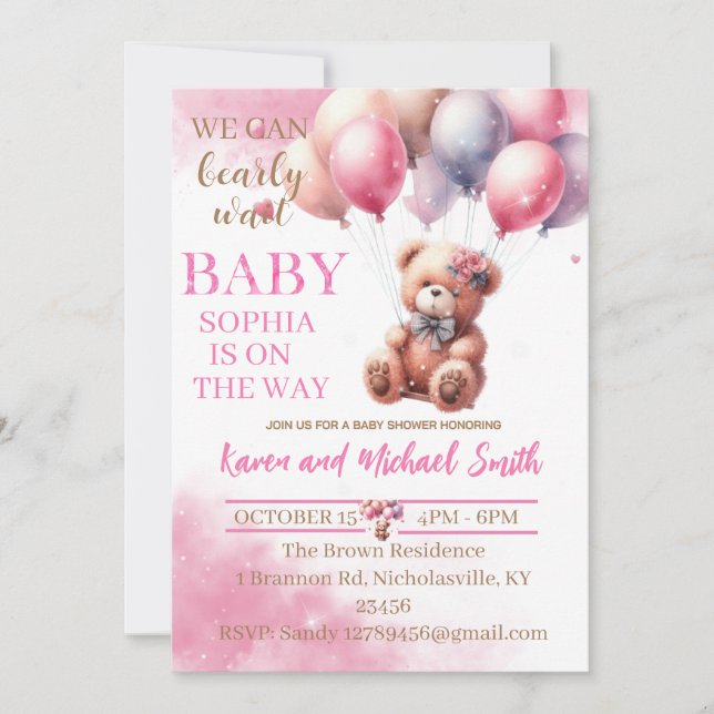 Pink Bear Hot Air Ballon Babydusche Set Invitati Einladung (Vorderseite)