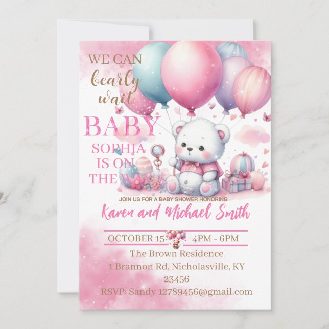 Pink Bear Hot Air Ballon Babydusche Set Invitati Einladung (Vorderseite)