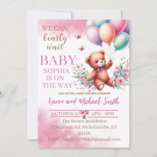 Pink Bear Hot Air Ballon Babydusche Set Invitati Einladung (Vorderseite)