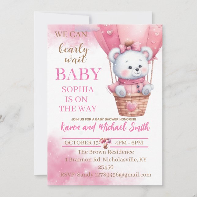 Pink Bear Hot Air Ballon Babydusche Set Invitati Einladung (Vorderseite)