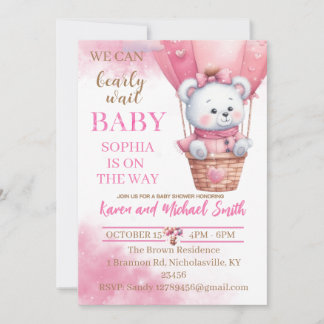 Pink Bear Hot Air Ballon Babydusche Set Invitati Einladung