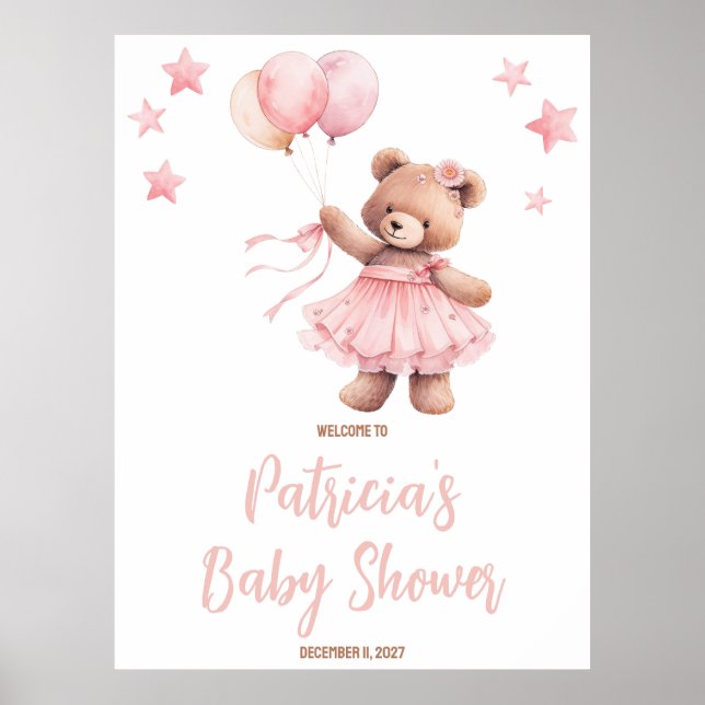 Pink Bear in Hot Air Ballon Baby Dusche Willkommen Poster (Vorne)