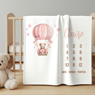 Pink Bear in Hot Air Ballon Baby Milestone Fleecedecke