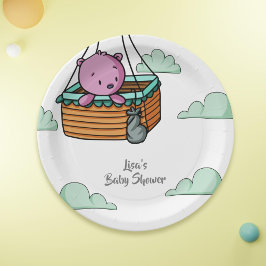 Pink Bear in Hot Air Ballon Basket Baby Dusche Pappteller