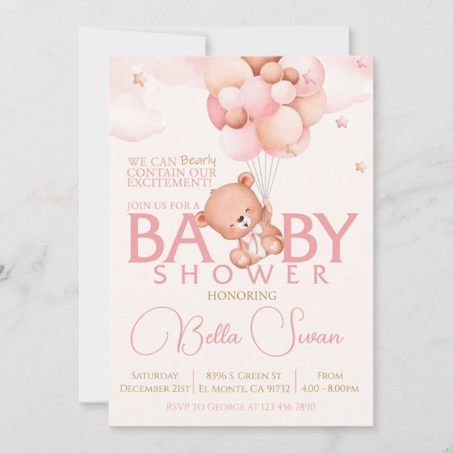Pink Bear petite fille baby shower invitation (Devant)