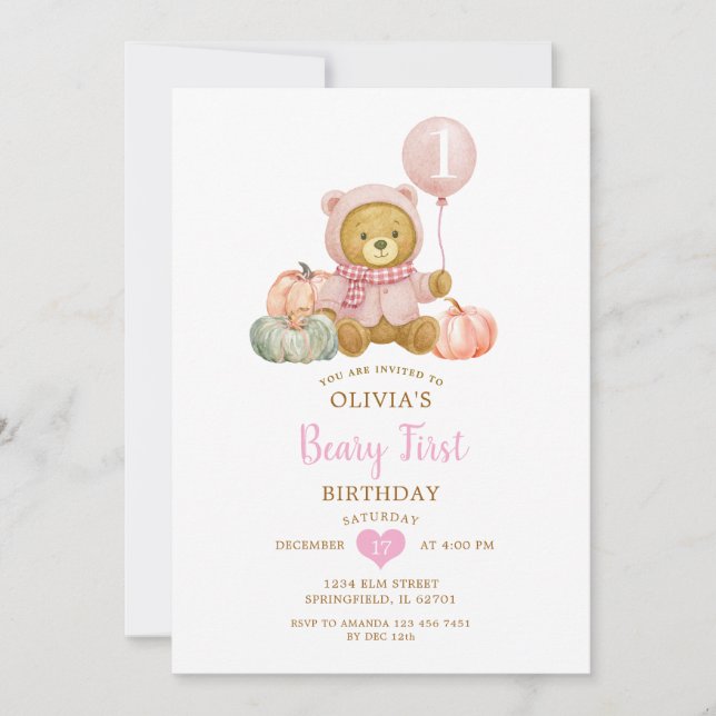 Pink Bear Pumpkin Fall Beary First Birthday Einladung (Vorderseite)