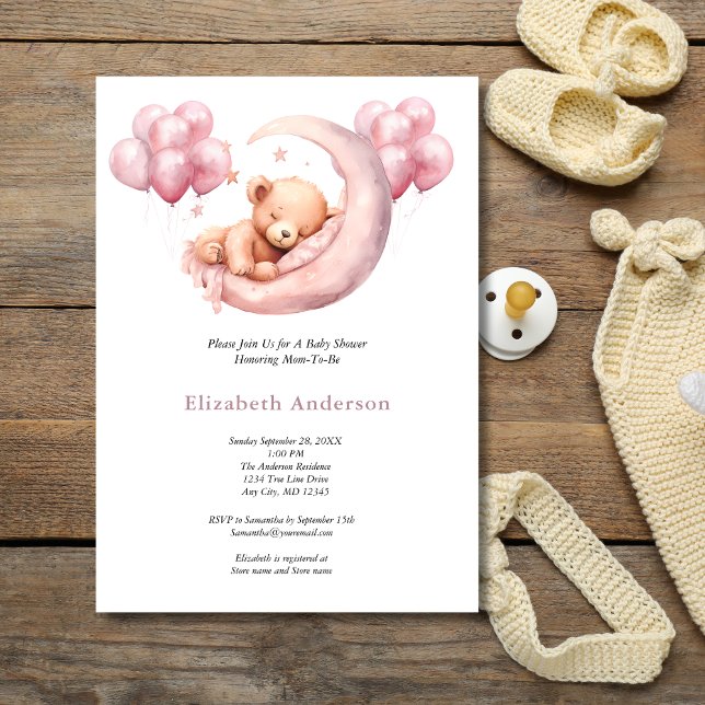 Pink Bear Schlafen in Moon Balloons Babydusche Einladung (Pink Baby Bear Sleeping in Moon Baby Shower for Girl Invitation)