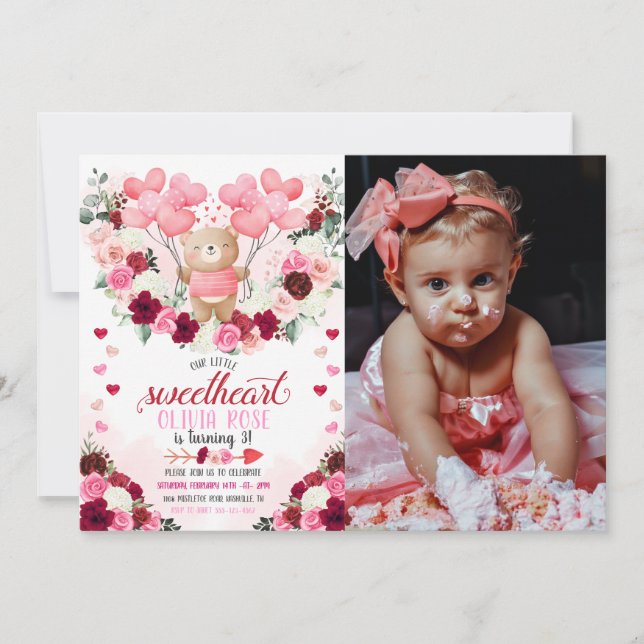 Pink Bear Sweetheart Valentine's Foto Geburtstag Einladung (Vorderseite)