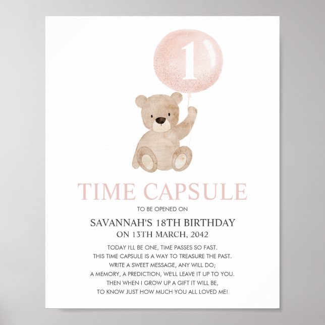 Pink Bear Time Kapselposter zum ersten Geburtstag Poster (Vorne)