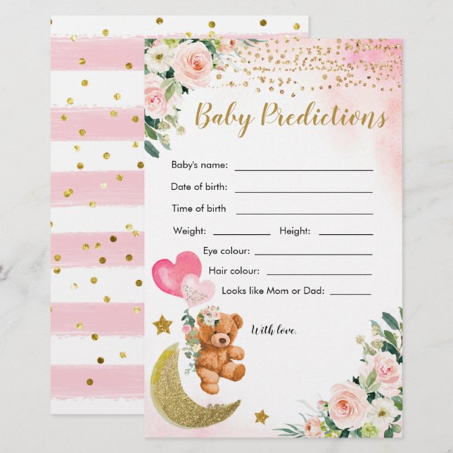 Pink Bearly Baby Shower Baby Predictions Spiele (Vorne/Hinten)