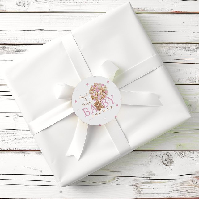 Pink Bearly Wait Teddy Bärenballons Babydusche Runder Aufkleber (Von Creator hochgeladen)