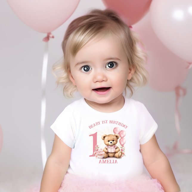 Pink Beary 1er anniversaire fille T-shirt bébé (Pink Beary 1st Birthday Girl Baby T-shirt)