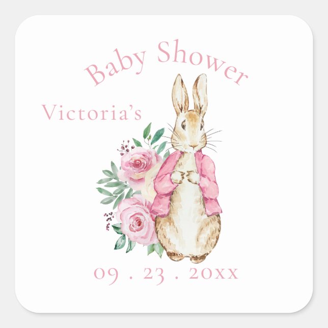 Pink Beatrix Potter Bunny Rabbit Babydusche Quadratischer Aufkleber (Vorderseite)