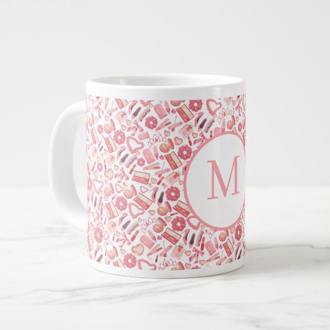 Pink Beauty & Makeup Seamless Pattern Girly  Jumbo-Tasse (Vorderseite Links)