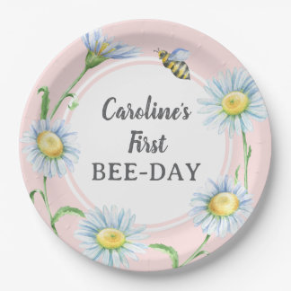 Pink Bee-Day Birthday Paper Plates with Daisies Pappteller