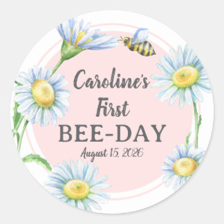 Pink Bee-Day Birthday Stickers with Daisies