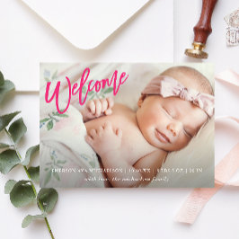 Pink Begrüßungsschrift mit Foto Baby Girl Birth Ankündigung