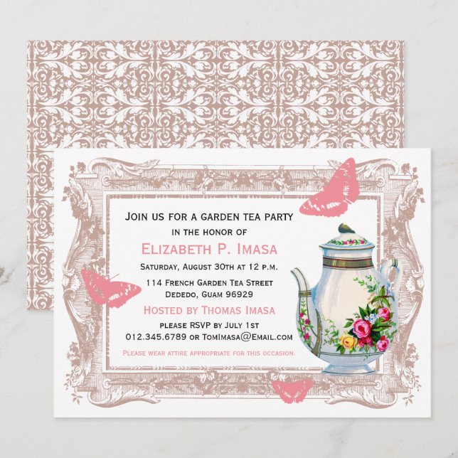 Pink & Beige Chic Country Garden Tee Party Einladung (Vorne/Hinten)
