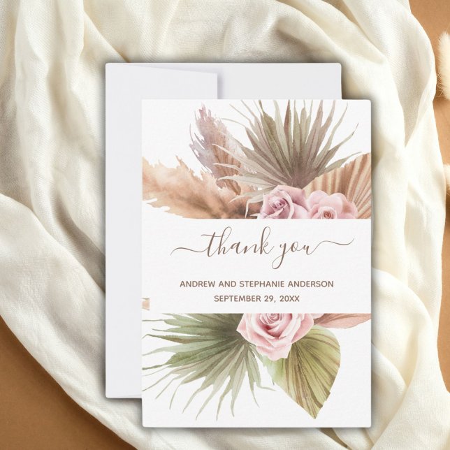Pink Beige Grüne Blumenzwiebelblüte Boho Hochzeit Dankeskarte (Pink beige and green boho floral botanical wedding thank you card)