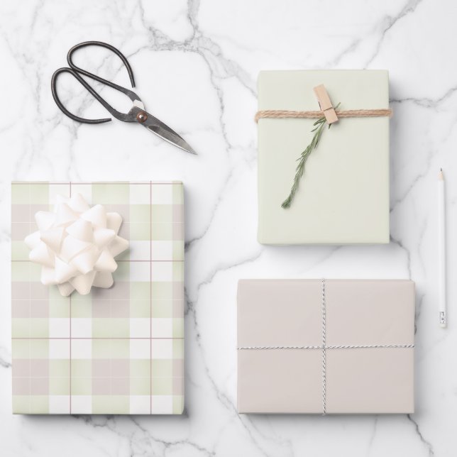 Pink Beige Grünes Kariertes Muster und passende So Geschenkpapier Set (Vorderseite)