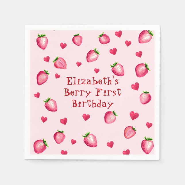 Pink Berry First Birthday Party Strawberry Herz Serviette (Vorderseite)