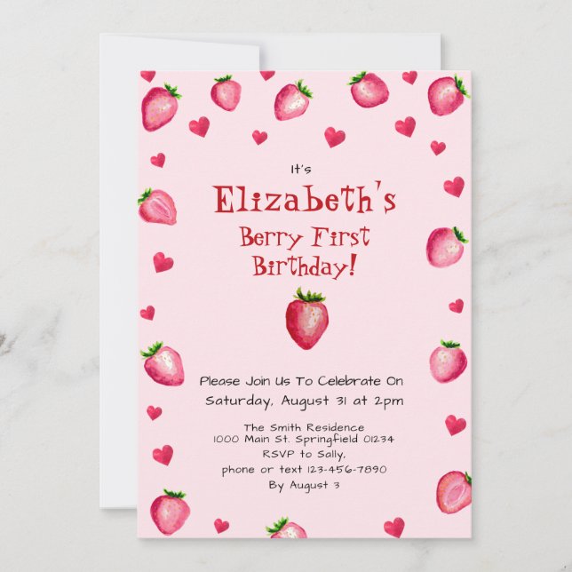Pink Berry First Birthday Strawberry Custom Foto Einladung (Vorderseite)