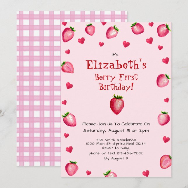 Pink Berry First Birthday Strawberry Sommer Einladung (Vorne/Hinten)