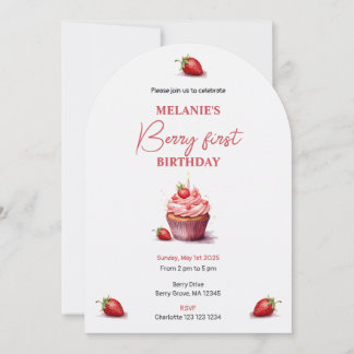 Pink Berry First Birthday Wasserfarbe Custom Foto Einladung