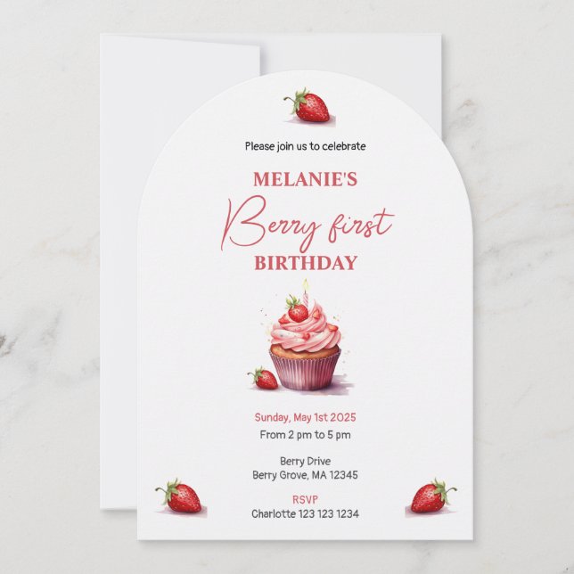 Pink Berry First Birthday Wasserfarbe Custom Foto Einladung (Vorderseite)
