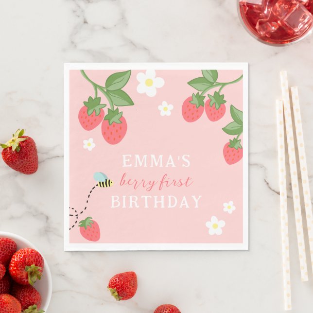 Pink Berry First Girls Erdbeere 1. Geburtstag Serviette (Beispiel)