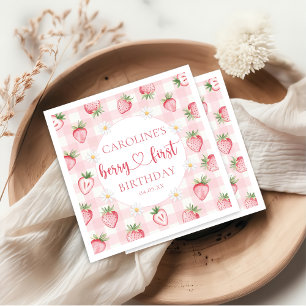 Pink Berry First Strawberry Birthday Napkins Serviette