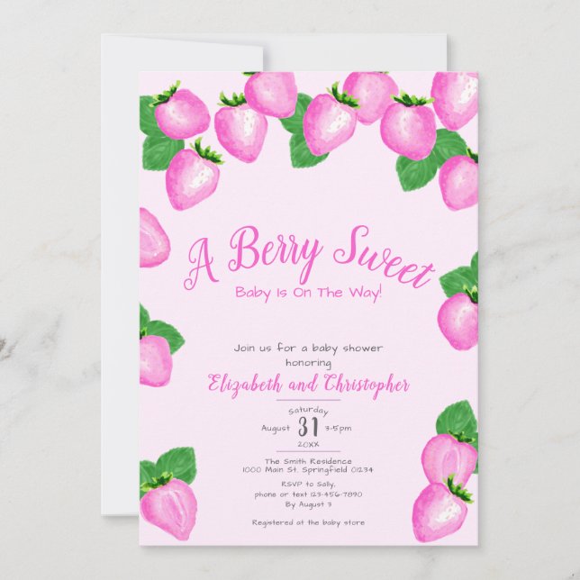 Pink Berry Sweet Strawberry Girl Babydusche Einladung (Vorderseite)