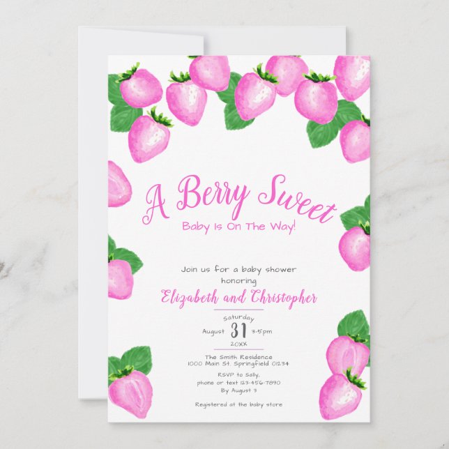 Pink Berry Sweet Strawberry Girl Babydusche Einladung (Vorderseite)