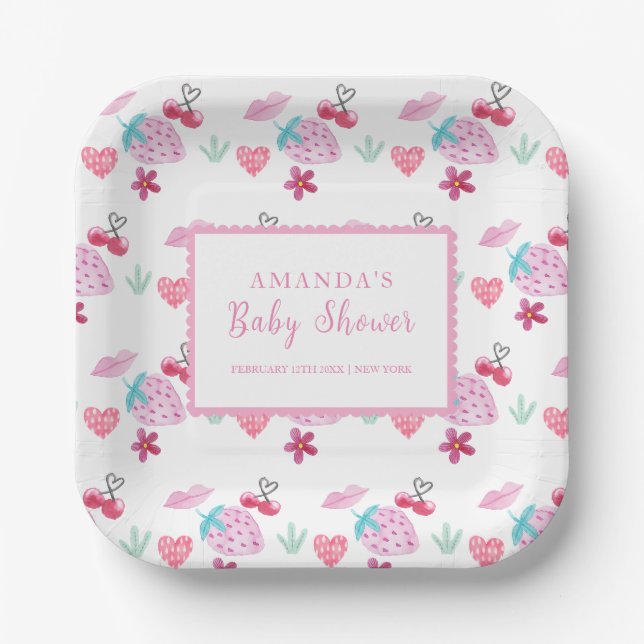 Pink Berry Sweet Sweetheart Valentine Baby Dusche Pappteller (Vorderseite)
