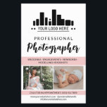 Pink Beruflich Fotograf Ihr Logo Flyer<br><div class="desc">Marketing Flyer für einen beruflichen Fotografen personalisiert mit Ihren Fotos, Logo, Kontaktinformationen, benutzerdefinierten Text und Profil Foto in einem charmanten rosa, schwarz und weiß Design. Feminine und schicke berufliche Fotografie Flyer in einem sauberen Design mit einem rosa Akzent Farbe und ein charmantes Drehbuch personalisiert mit Ihrem Logo und Fotos, um...</div>