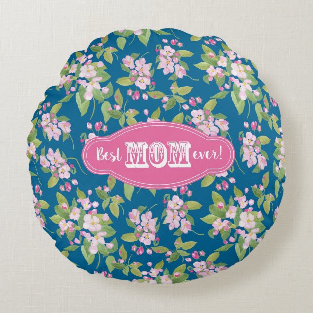Pink Best Mama jemals auf Apple Blossom Muster Rundes Kissen (Vorderseite)