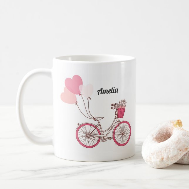 Pink Bicycle and Heart Balloons Persönliche Umarmu Kaffeetasse (Mit Donut)