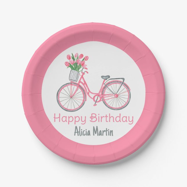 Pink Bicycle Basket Tulip Blume jedes Alter Geburt Pappteller (Vorderseite)