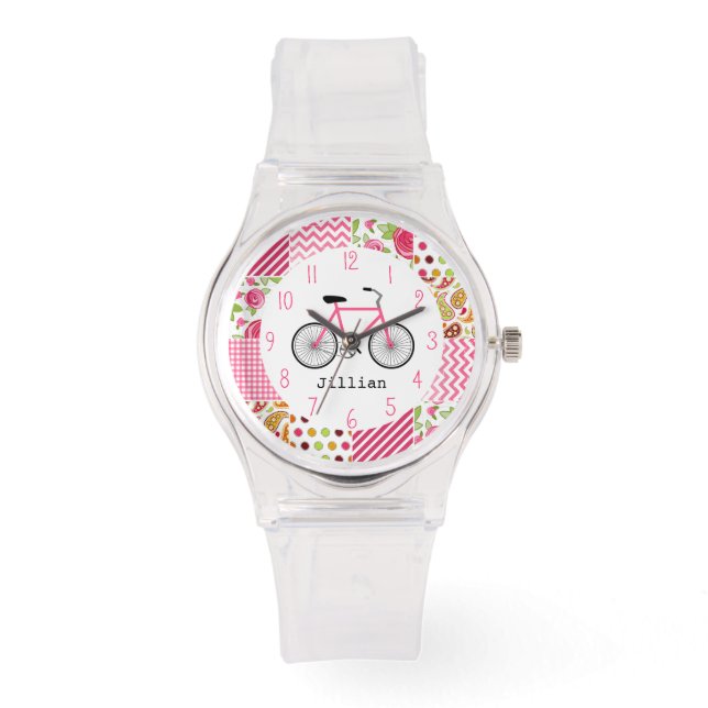 Pink Bicycle & Patchwork Muster Muster Beobachtung Armbanduhr (Vorderseite)