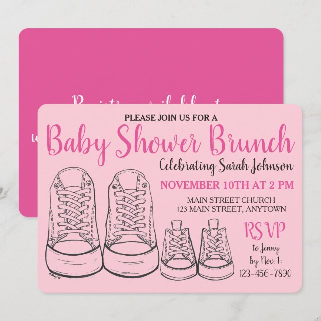 Pink Big Little Shoes Girl New Baby Dusche Einladung (Vorne/Hinten)