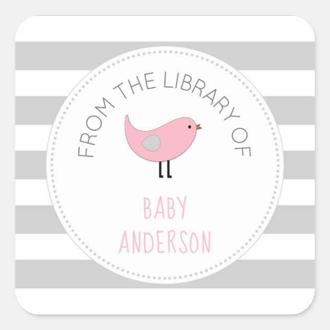 Pink Bird Girl bucht Baby Dusche Buchzeichen Quadratischer Aufkleber (Vorderseite)