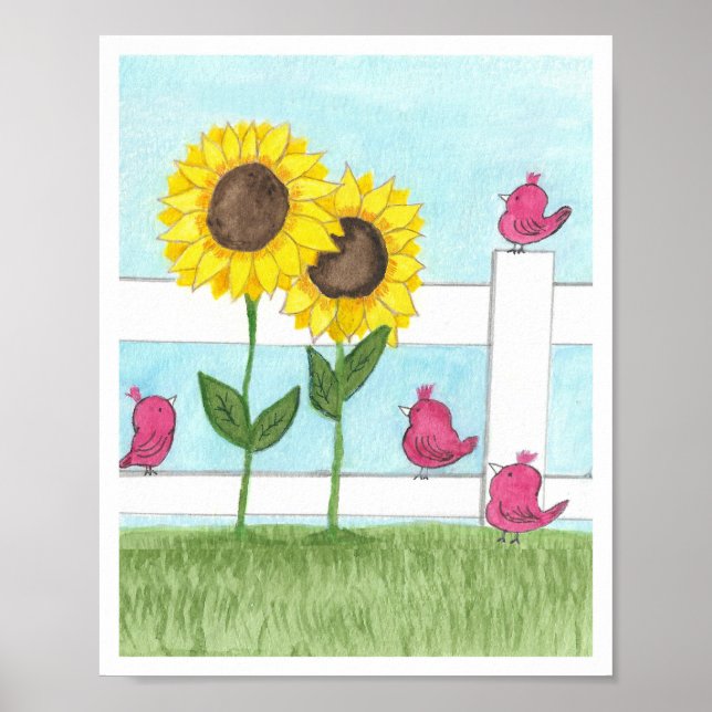 Pink Birds & Sunflowers Poster (Vorne)