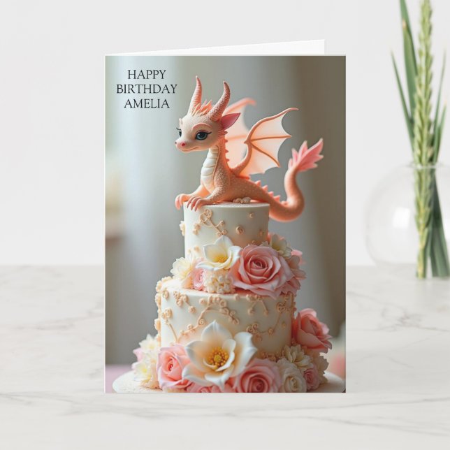 Pink Birthday Cake Dragon Gruß Karte (Vorderseite)