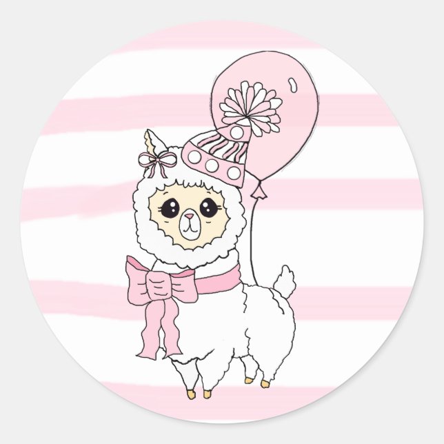 Pink Birthday Llama mit Ballon Runder Aufkleber (Vorderseite)