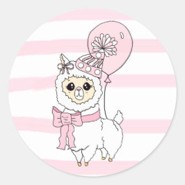 Pink Birthday Llama mit Ballon Runder Aufkleber