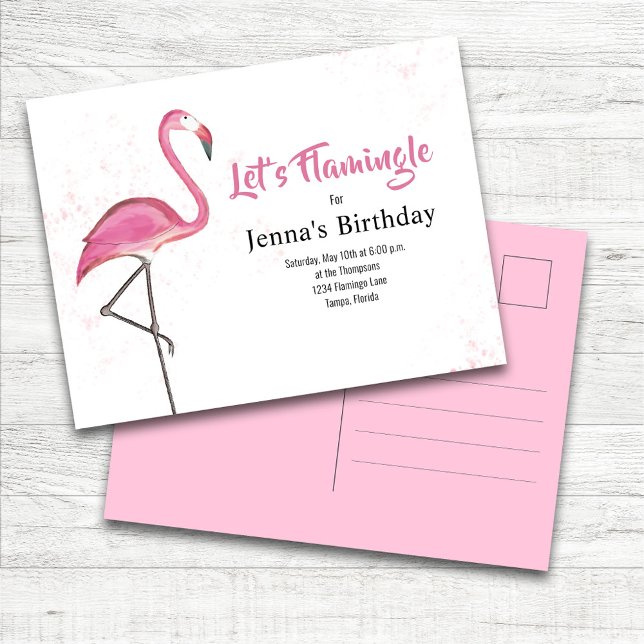 Pink Birthday Party Cute Flamingo Custom Postkarte (Pink Flamingo "Let's Flamingle" Birthday Party Invitation Postcard Template.)
