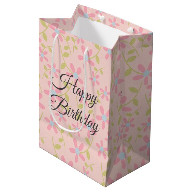 Pink Birthday Posy Pattern Mittlere Geschenktüte (Vorderseite Schrägansicht)