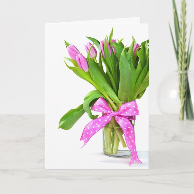 Pink Birthday Tulips auf Weiß Karte (Vorderseite)
